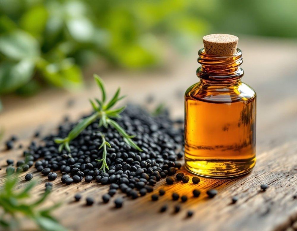 Essential oil bottle with herbs