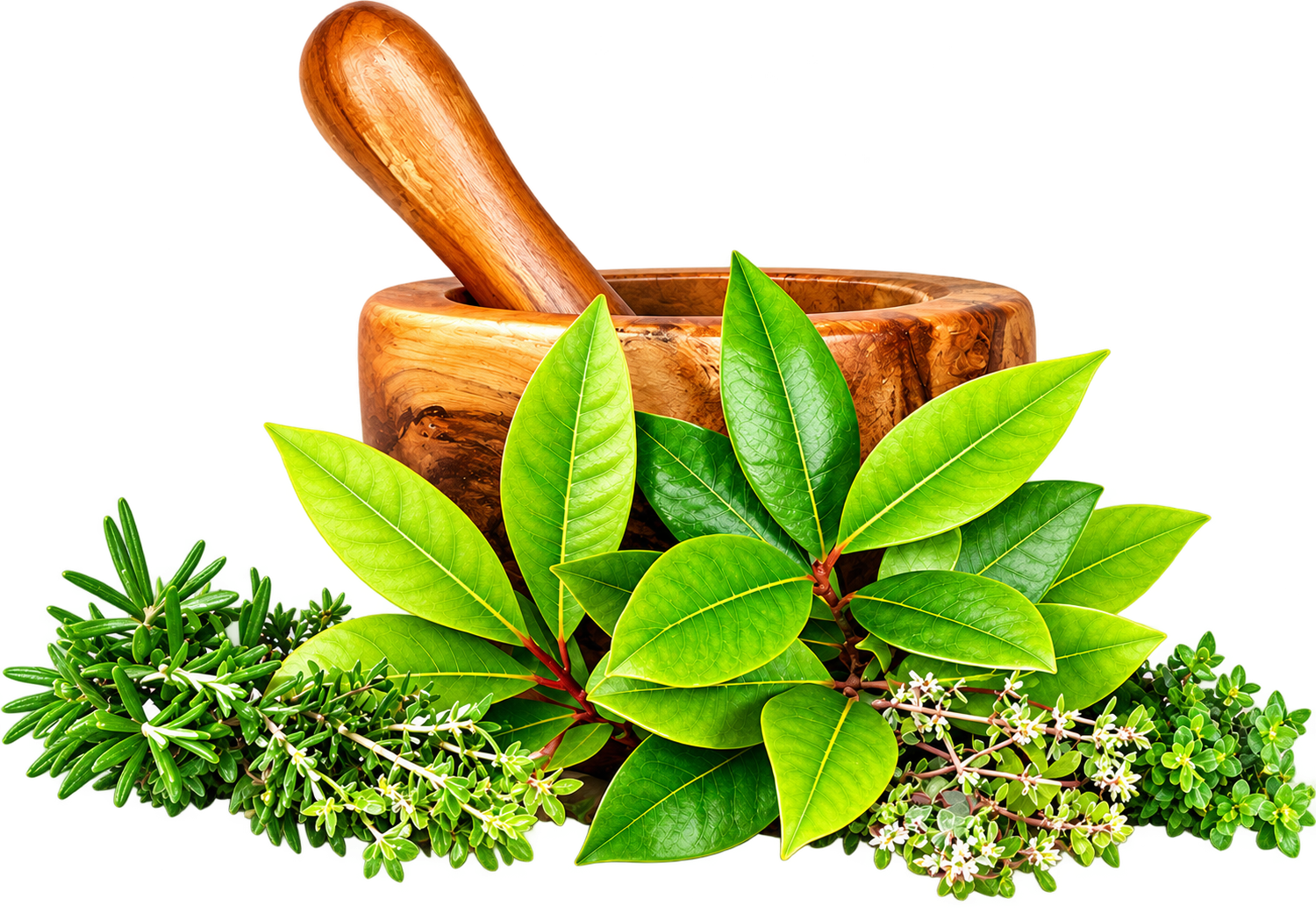 Mortar and pestle with fresh herbs